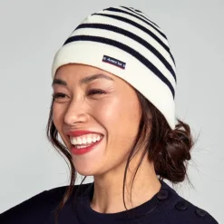 Fashion Bonnet en Pure Laine à Rayures Lannion naturel Femme Bonnets|Chapeaux Hiver