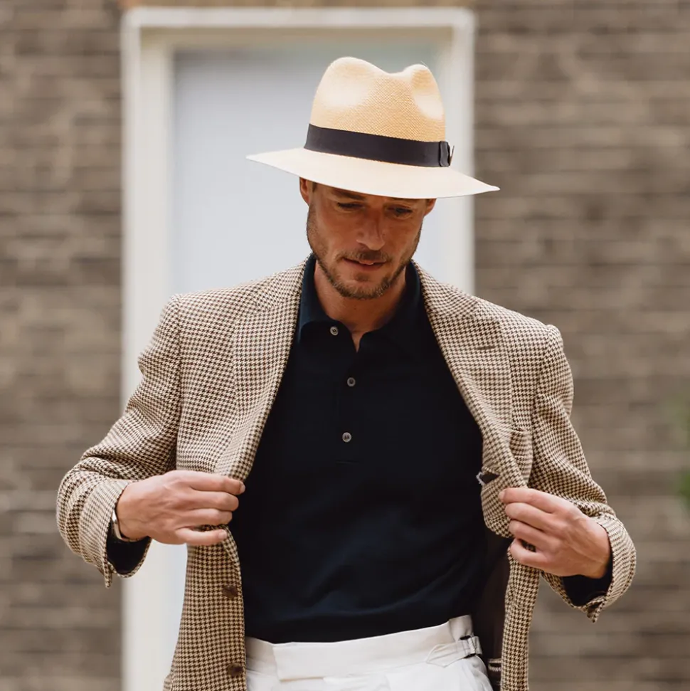 Sale Chapeau Fedora Panama à Bord Baissé Bandeau bleu marine Superfine semi-décoloré Femme Chapeaux Trilby|Chapeaux Fedora